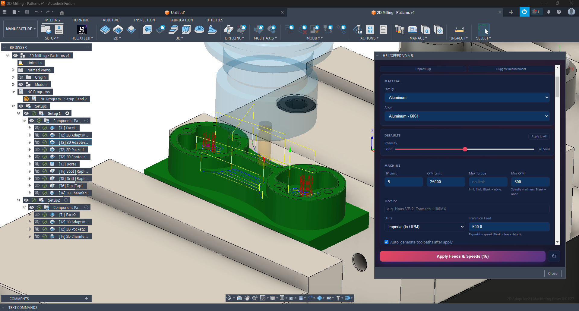 Material and machine settings panel